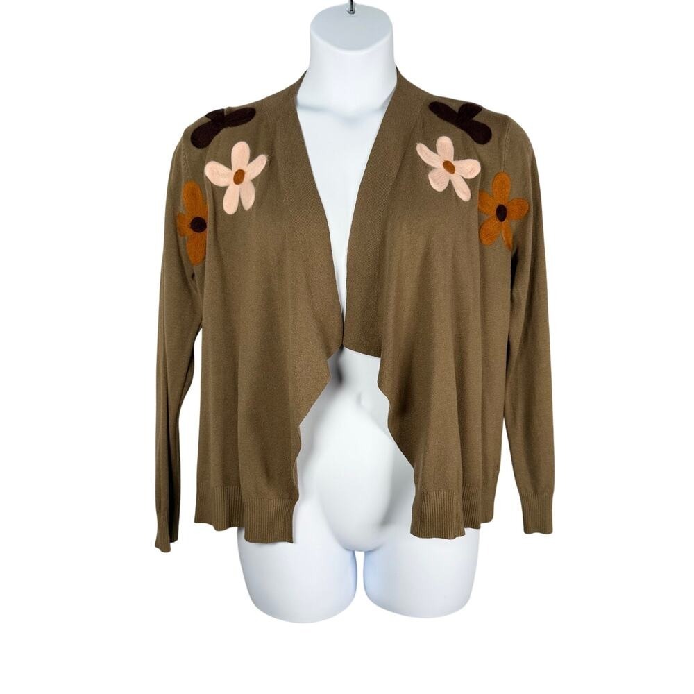Aaeda Cardigan Large Olive Flower Open Front Draped Rayon Knit‎ Fall Hippie